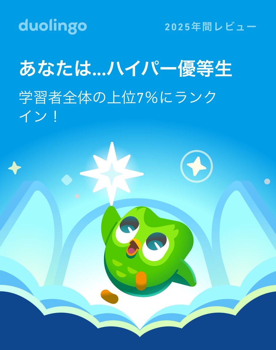 わぁい(・ワ・)

2025年のDuolingoの学習記録が出たよ！ #Duolingo365