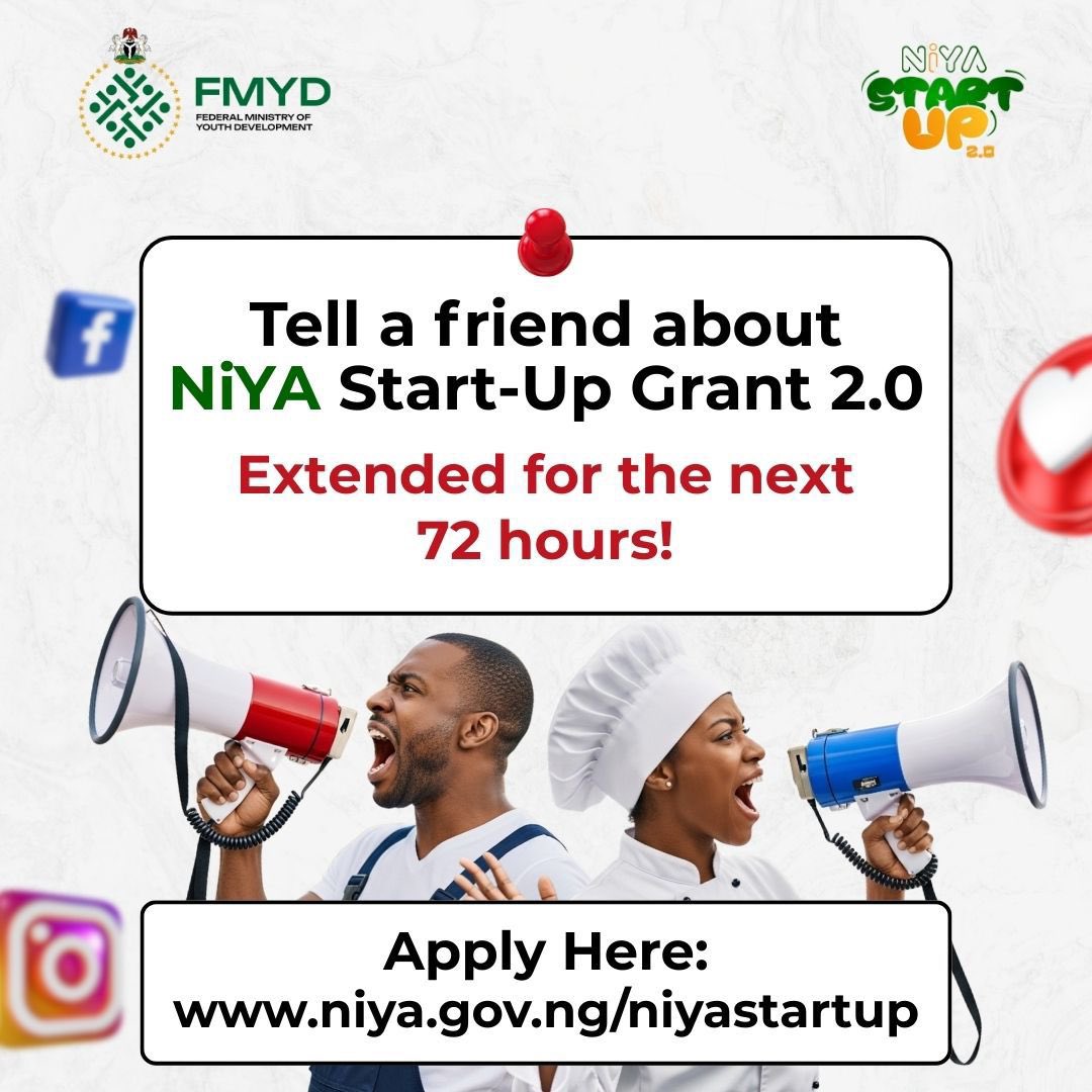 Good news! 

The NiYA Startup 2.0 application has been extended for an additional 72 hours. Don’t miss this opportunity.

visit niya.gov.ng/niyastartup and register today!

#YouthIniNgr #YAD #NiYA