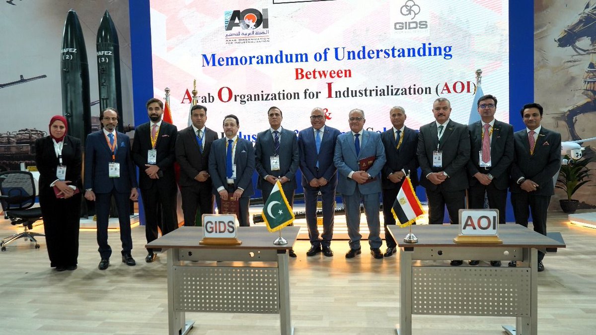 🇵🇰 GIDS Signs MoU with Egypt’s AOI at EDEX 2025 🇪🇬

Global Industrial &amp; Defence Solutions (GIDS) has signed a landmark Memorandum of Understanding with Egypt’s Arab Organization for Industrialization (AOI) on the sidelines of EDEX 2025.
The agreement aims to enhance