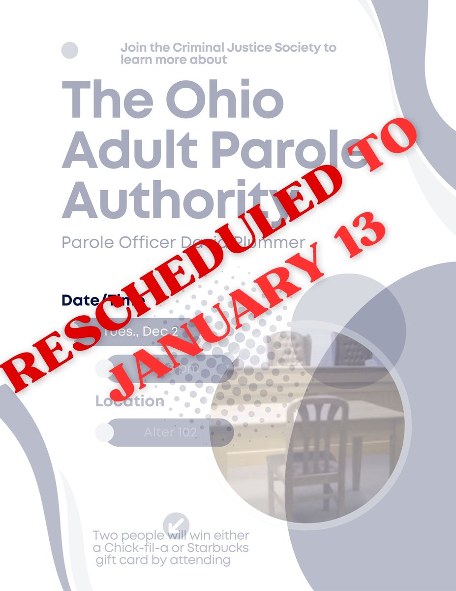 XUCJSociety's tweet photo. Due to the weather, tonight's CJ Society meeting has been rescheduled to January 13. Good luck on finals and enjoy your holiday season! https://t.co/jfGghRizmY