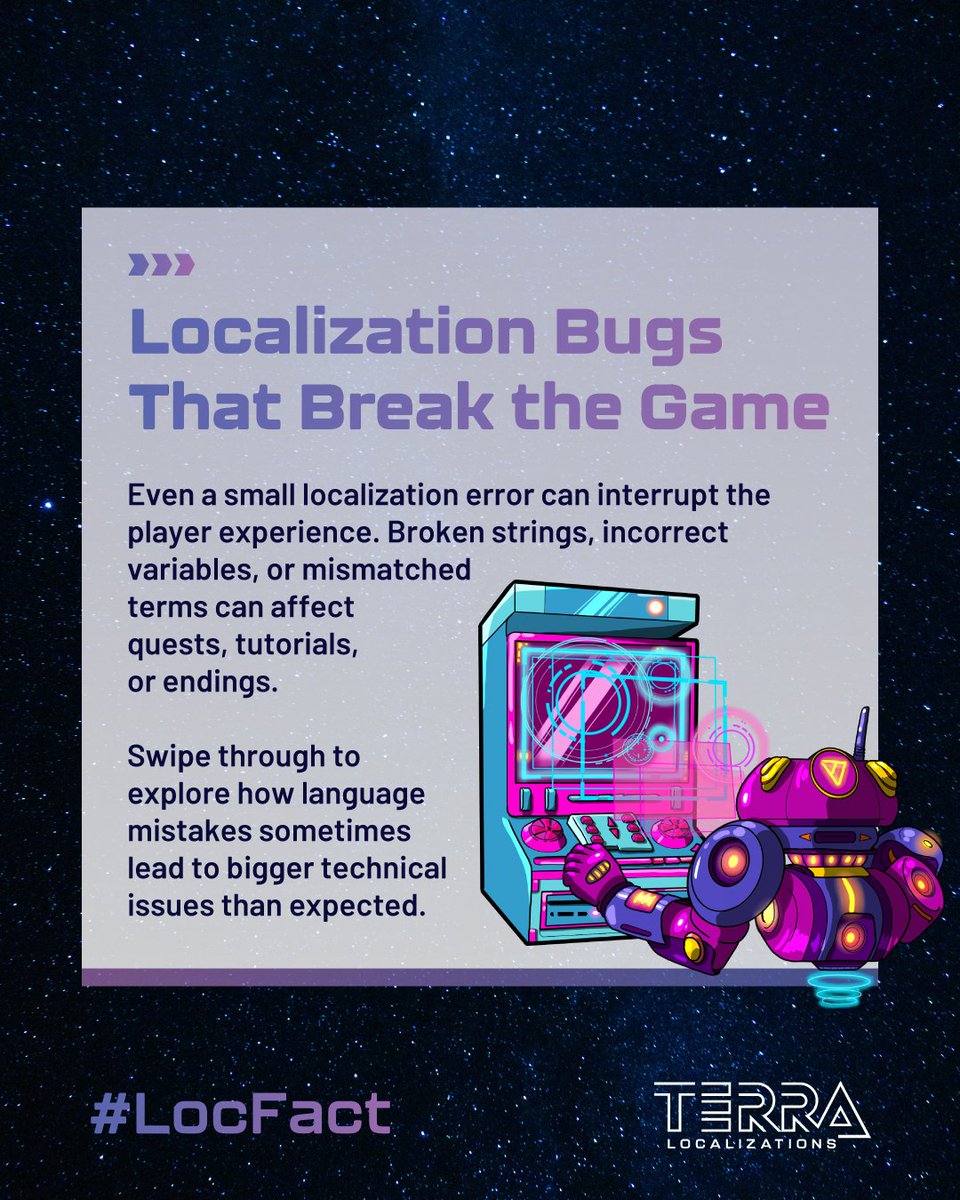 Terra_Loc's tweet image. 🕹️ Every #Gaming session is a reminder of what great #Games should feel like: intuitive, smooth, and engaging.

But #Localization issues can turn that upside down. This #LocFact unpacks how #LinguisticQA plays a key role in delivering stable, polished experiences.