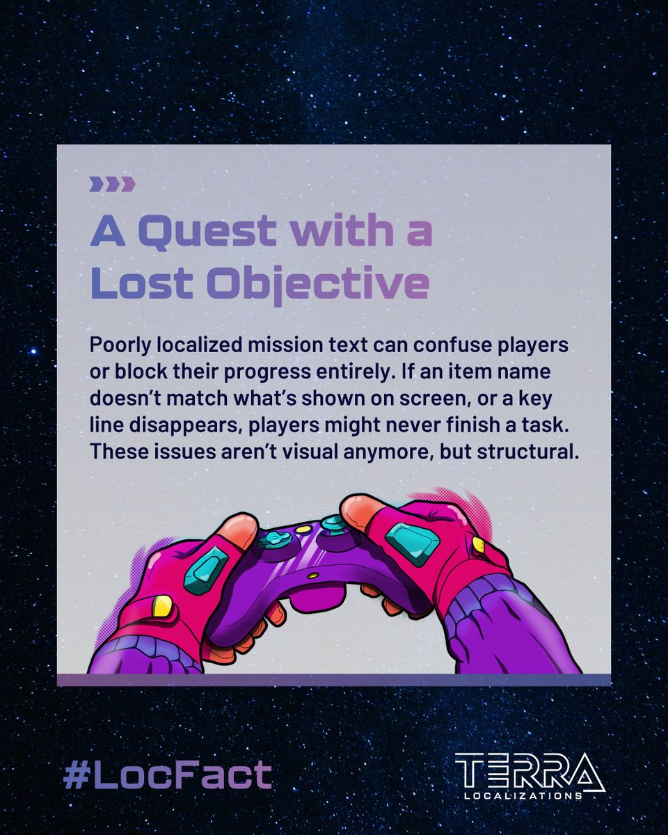 Terra_Loc's tweet image. 🕹️ Every #Gaming session is a reminder of what great #Games should feel like: intuitive, smooth, and engaging.

But #Localization issues can turn that upside down. This #LocFact unpacks how #LinguisticQA plays a key role in delivering stable, polished experiences.