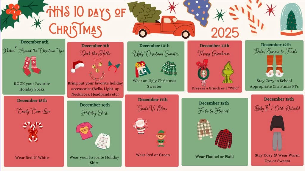 Our 10 Days of Christmas dress-up days are quickly approaching. Dress-up days  will take place from December 8 through December 19. We look forward to your participation in each themed dress-up day!