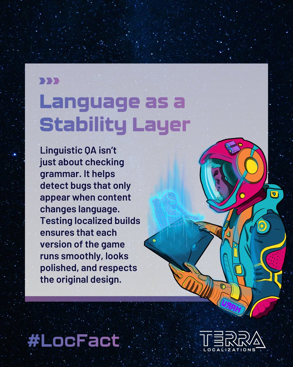 Terra_Loc's tweet image. 🕹️ Every #Gaming session is a reminder of what great #Games should feel like: intuitive, smooth, and engaging.

But #Localization issues can turn that upside down. This #LocFact unpacks how #LinguisticQA plays a key role in delivering stable, polished experiences.