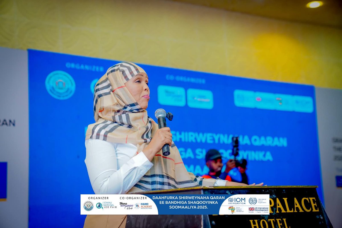 HanoEmployment's tweet photo. Dr. Sadiyo Siad, Chancellor of Hano Academy &amp; Hano Technical University, and CEO of Hano Connect &amp; Somali STEM Society, emphasizes the importance of today’s summit and its impact on youth empowerment. 
#NationalJobFair2025  #Somalia #AsalTv @DrSadiyoSiad @HanoAcademy https://t.co/88iM2IbQYa