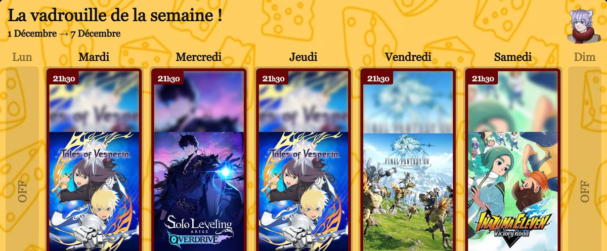 Bonjour/Bonsoir ! Il est temps que je me motive car on sait jamais ! Mais je vais commencer a poster mes planning~ (c'est important je pense 👀)
Alors voici le Planning de la semaine ! Et pour ceux où celle qui sont intéressées à être chill je serai en stream se soir a 21h30 ! 🐀