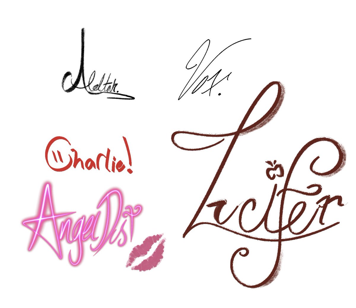 AlcoholicPilott's tweet image. this is so random, but here’s how i think they’d sign their names
#HazbinHotelFanart ?