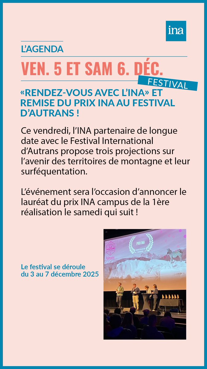 Ina_audiovisuel's tweet photo. #Festival 🎬
L’INA, partenaire du #FIFMA - Festival International du Film de Montagne d'Autrans, vous donne rendez-vous pour trois projections et la remise du Prix #INACampus.. https://t.co/Ee4zYhxcZI