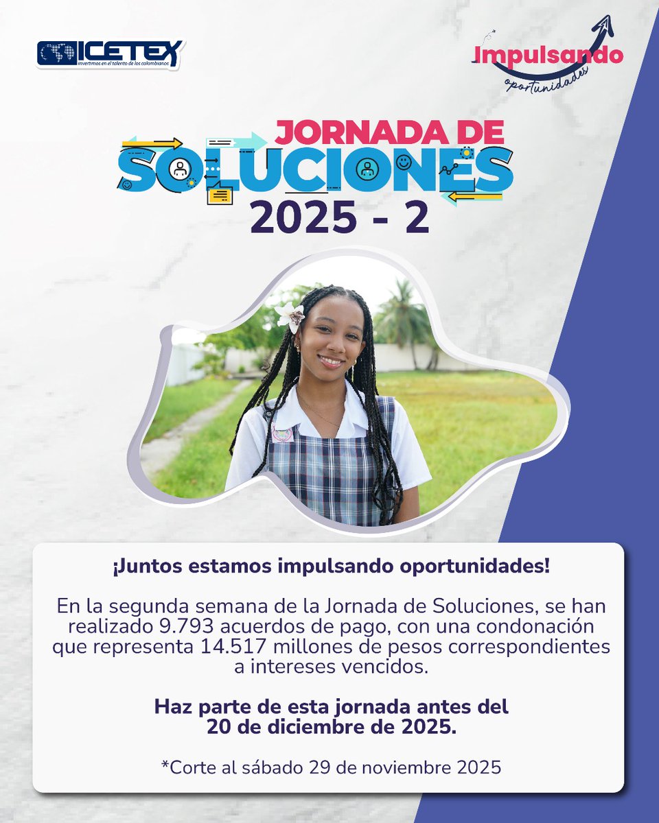 ICETEX's tweet image. Si tienes dificultades para ponerte al día, en el #ICETEX entendemos tu situación y queremos escucharte.

Participa en la Jornada de Soluciones ➡️ acortar.link/nXu4xr, normaliza tu cartera y accede a condonaciones de intereses moratorios.

#ImpulsandoOportunidades