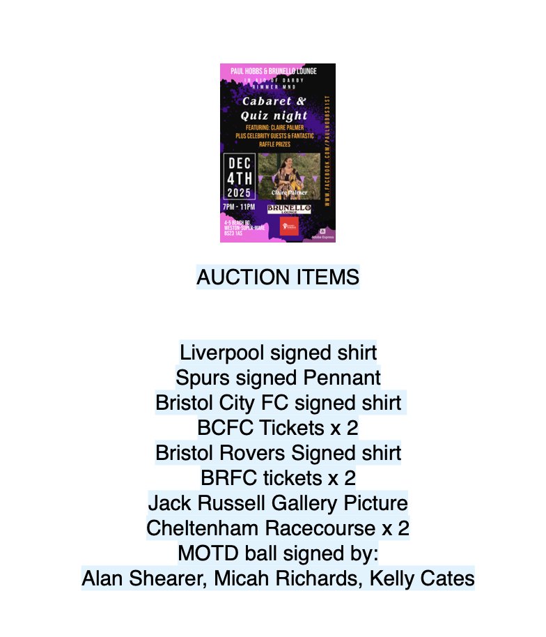 Some great auction items at our Cabaret &amp; Quiz Night on Thursday including <a href="/LFC/">Liverpool FC</a> <a href="/SpursOfficial/">Tottenham Hotspur</a> <a href="/BristolCity/">Bristol City FC</a> and <a href="/Official_BRFC/">Bristol Rovers</a> items. Entry on the night is free. Proceeds to <a href="/DarbyRimmerMND/">Darby Rimmer MND Foundation</a> #westonsupermare