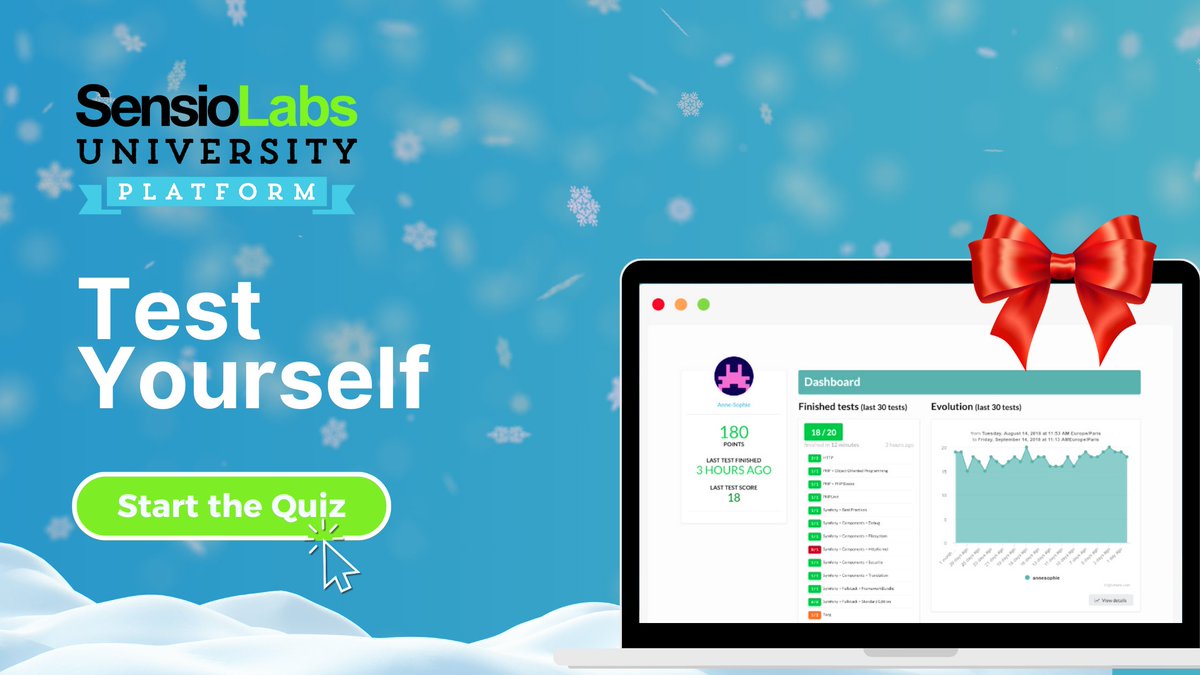 sensiolabs's tweet image. ✨ This Christmas season, let a little magic boost your #Symfony &amp;amp; #PHP skills 🎄

📊 Try a free 20-question monthly MCQ on SensioLabs University Platform, the online learning platform from the creator of Symfony

Test yourself now 👉 tinyurl.com/425f3xtk