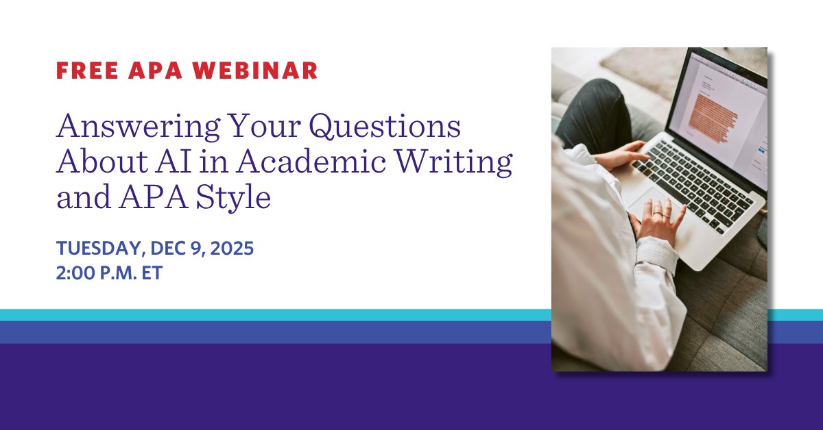 APA_Databases's tweet image. Got questions about #AI when navigating @APA_Style? We have answers! Register for a free webinar on Monday, December 9 to learn what’s next for academic writing in the new world of generative AI: bit.ly/3JH1fny