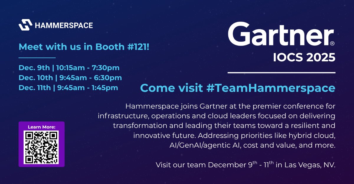 Heading <a href="/Gartner_inc/">Gartner</a> IOCS 2025 in Las Vegas next week? Meet with #TeamHammerspace!

Book a meeting with our team December 9th-11th in our booth #121!
okt.to/7MjBom

Be sure to see <a href="/Molly_J_Presley/">Molly Presley</a>'s featured presentation on Dec. 9th!
