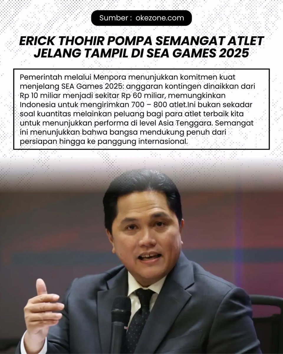 Magzviral's tweet photo. Menpora Erick Thohir kembali pompa semangat atlet jelang SEA Games 2025. Pemerintah juga tingkatkan dukungan dan anggaran biar persiapan atlet makin matang.
#berita #kemenpora #menporafu #erickthohir #SEAGames2025 #atletindonesia https://t.co/pWCrZ7IwWq