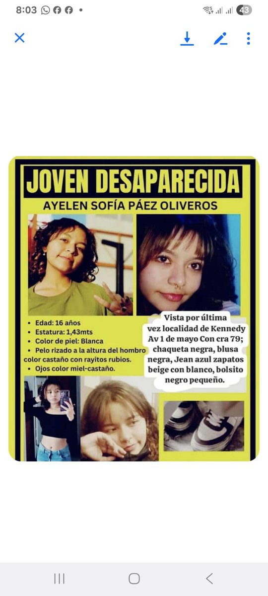 manolitosalazar's tweet photo. Ayudemos a encontrar a Ayelen Sofía Páez de 16 años desapareció desde el pasado 9 de agosto en Chapinero, fue vista por última vez en Kenedy @PoliciaBogota @FiscaliaCol @SeguridadBOG @personeriabta por favor rt https://t.co/Qony8sKkCb