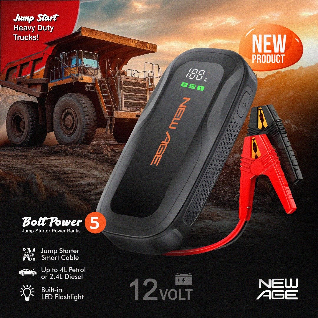 Newagehub's tweet image. The 5th generation of Bolt Power is here, with an unstoppable performance for the toughest jobs. ⚡️

Stop waiting in an emergency. Order link in bio. 

#NewAge #StayOn #JumpStarter #BoltPower