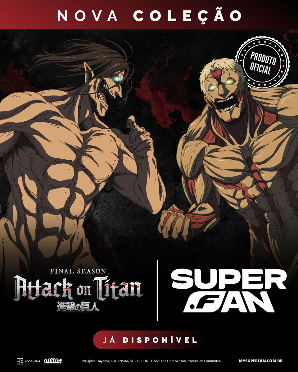 SuperFanBRA's tweet photo. 🗣️ COLEÇÃO COLOSSAL NA ÁREA!

A Super Fan Brasil desembarca no Brasil com uma coleção exclusiva e titânica de uma das séries mais premiadas da história dos animes.

Super Fan, a coleção licenciada e oficial de Attack on Titan Final Season já está disponível hoje mesmo para a compra no site da loja. 

🏪 Adquira agora mesmo pelo link na bio ou acessando https://t.co/1QB2iLyE2U

#AttackOnTitan #進撃の巨人 #SuperFanBrasil #SejaSuper