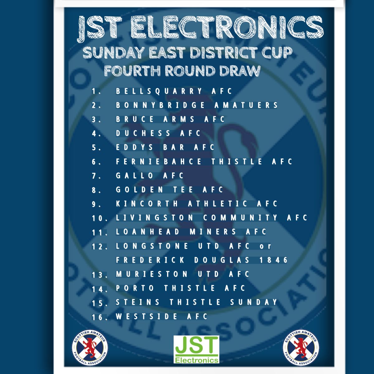 JST Electronics Ltd East District Cup 4th Round draw will take place tonight … 

🏆  4th Round Draw
📅 Tuesday 2nd December
🎥 East of Scotland Facebook Page
⏰ 7:15 PM

Full draw will be posted here following draw