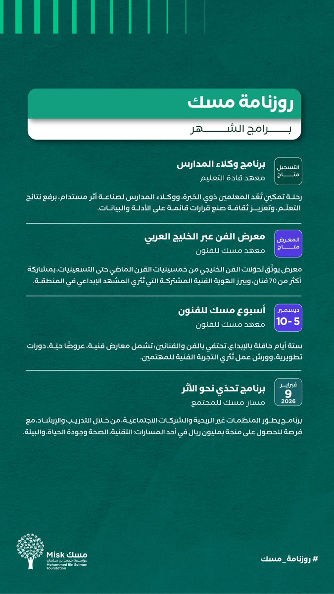 MiskKSA's tweet photo. في ديسمبر، تتّسع أمامك أبواب التعلّم، وتنتظرك برامج ترتقي بقدراتك، وتجارب تُلهم خطواتك في ختام العام.

اكتشف #روزنامة_مسك لشهر ديسمبر، وسجّل الآن: (https://t.co/32FlAJCTap)

#مؤسسة_مسك https://t.co/pgCAECgWaZ