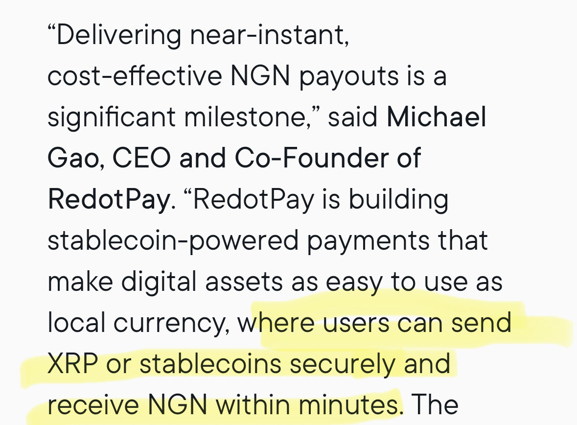 Belisarius2020's tweet image. $XRP news

“The feature is available to all verified RedotPay users with a local bank account. In a typical transaction, a user sends XRP or another supported asset from RedotPay, and NGN will be sent to the designated local bank account.”

RedotPay is a cryptocurrency payment…