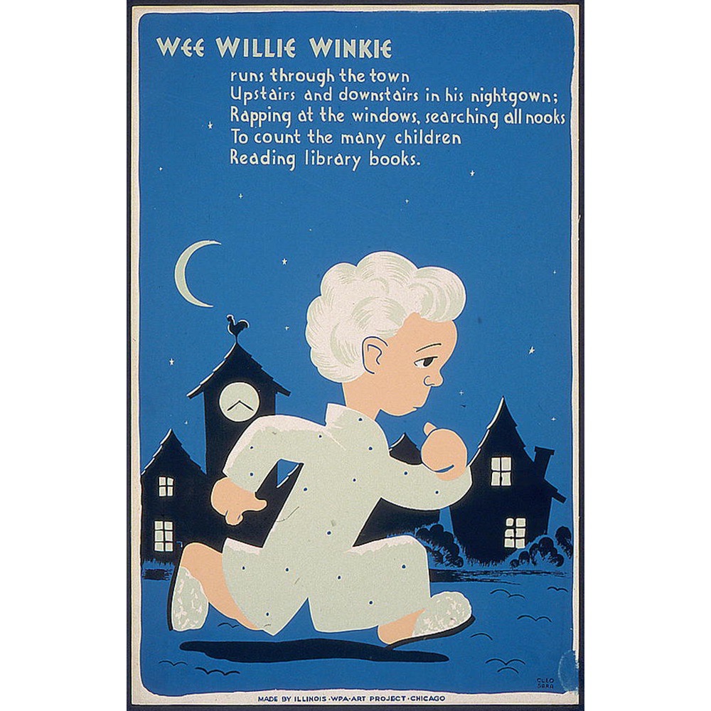 librarycongress's tweet image. Santa: Sees you when you&apos;re sleeping, knows when you&apos;re awake. 🎅
Wee Willie Winkie: Raps at the windows and searches all the nooks to count the many children reading library books. 👁️👁️

Work Projects Administration Poster Collection, Library of Congress Prints &amp;amp; Photographs…