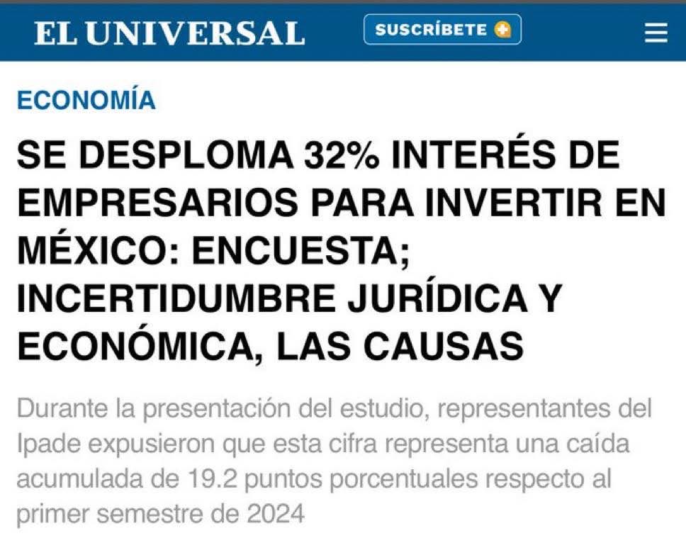 Buenos días ☀️ 
.
Sin inversión no se crean empleos, el consumo se estanca, no aumenta la recaudación
.
El primer paso es generar confianza y certidumbre jurídica 
.
La 4T no entiende esta conversación 
.