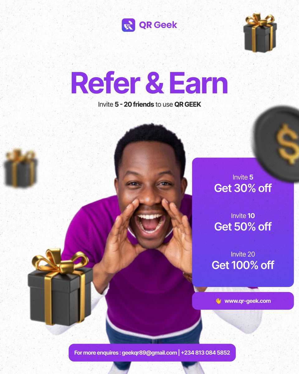 QrGeek1240's tweet image. QR Geek Refer &amp;amp; Earn is live! 🎉
Invite friends → unlock discounts for yourself AND them.
5 invites = 30% off
10 invites = 50% off
20 invites = 100% off

Referred users get 20% off with your code.
Start here 👉 qr-geek.com
#Designer #tools #designtools