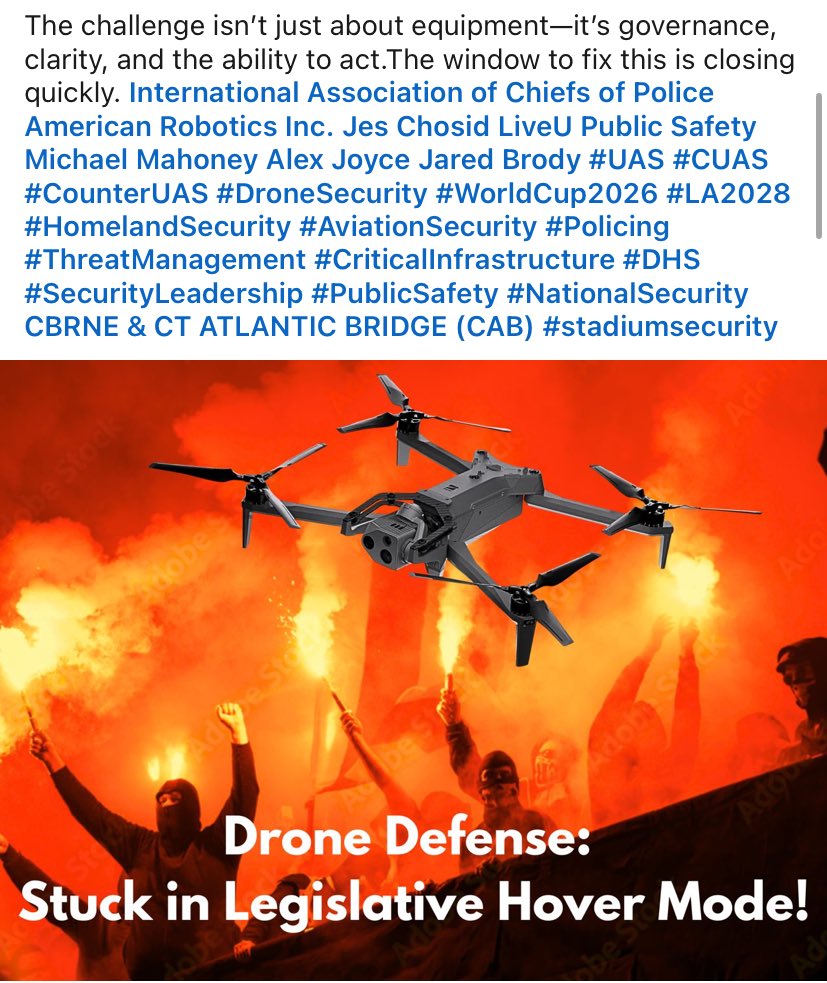 BMSInvests's tweet image. $ONDS

Probably nothing..

The Chair of the 2026 FIFA World Cup Subcommittee, under the International Association of Chiefs of Police (IACP) just tagged $ONDS subsidiary American Robotics &amp;amp; Jes Chosid (Senior Manager of Business Development @ AR) in this post regarding drone…