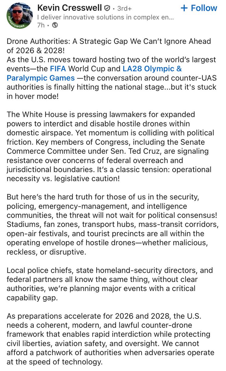 BMSInvests's tweet image. $ONDS

Probably nothing..

The Chair of the 2026 FIFA World Cup Subcommittee, under the International Association of Chiefs of Police (IACP) just tagged $ONDS subsidiary American Robotics &amp;amp; Jes Chosid (Senior Manager of Business Development @ AR) in this post regarding drone…