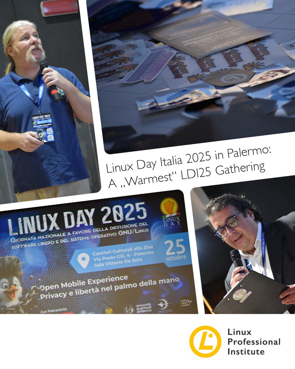 LPIConnect's tweet image. #LinuxDayItalia in Palermo showed #opensource is about people, collaboration &amp;amp; shared growth! 🐧💛 

From @morrolinux’s Matrix vs. ChatControl talk to #FOSS 5G &amp;amp; #Mobian sessions, learning blended with the warmth of #FreeCircle &amp;amp; #Sicily.

Learn more: lpi.org/pill
#LPI
