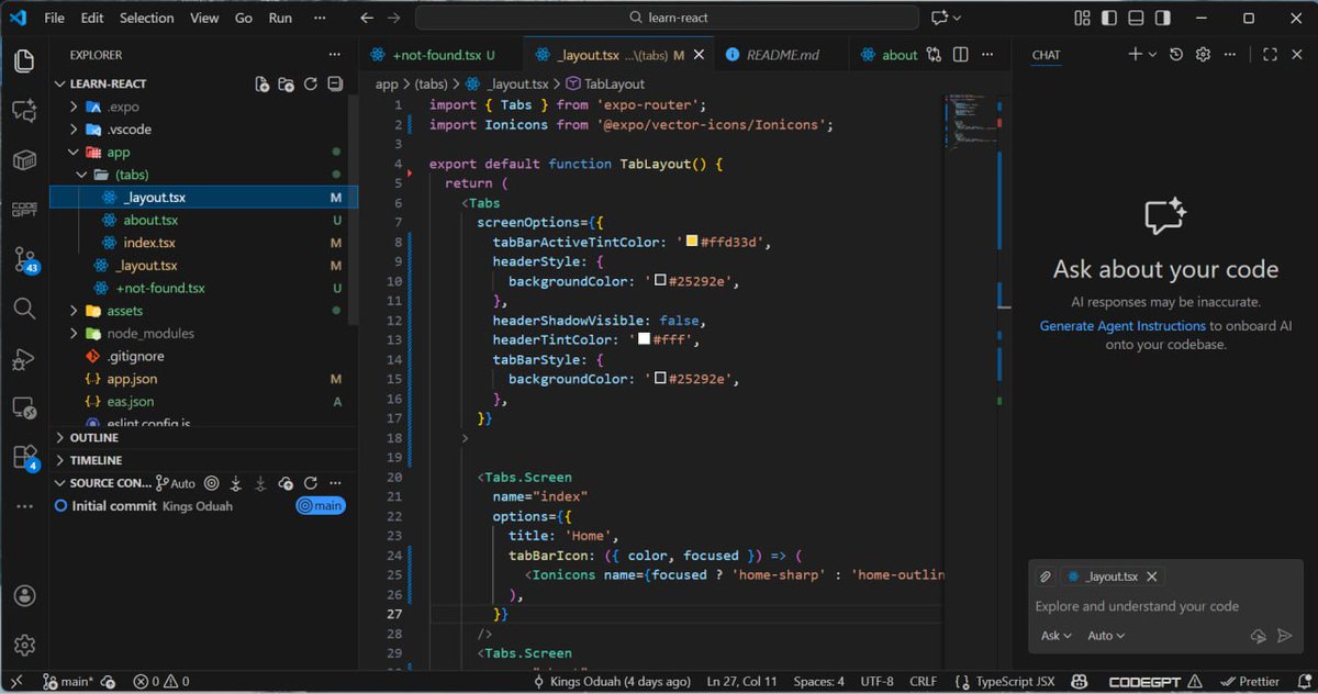 devekings's tweet image. Continuing my React Native learning series using Expo docs. Finished Chapter 1 (first app setup) and Chapter 2 (navigation). Progress feels good so far. More ahead, but I’m taking it steady.
#SoftwareDevelopment #software #reactnative
