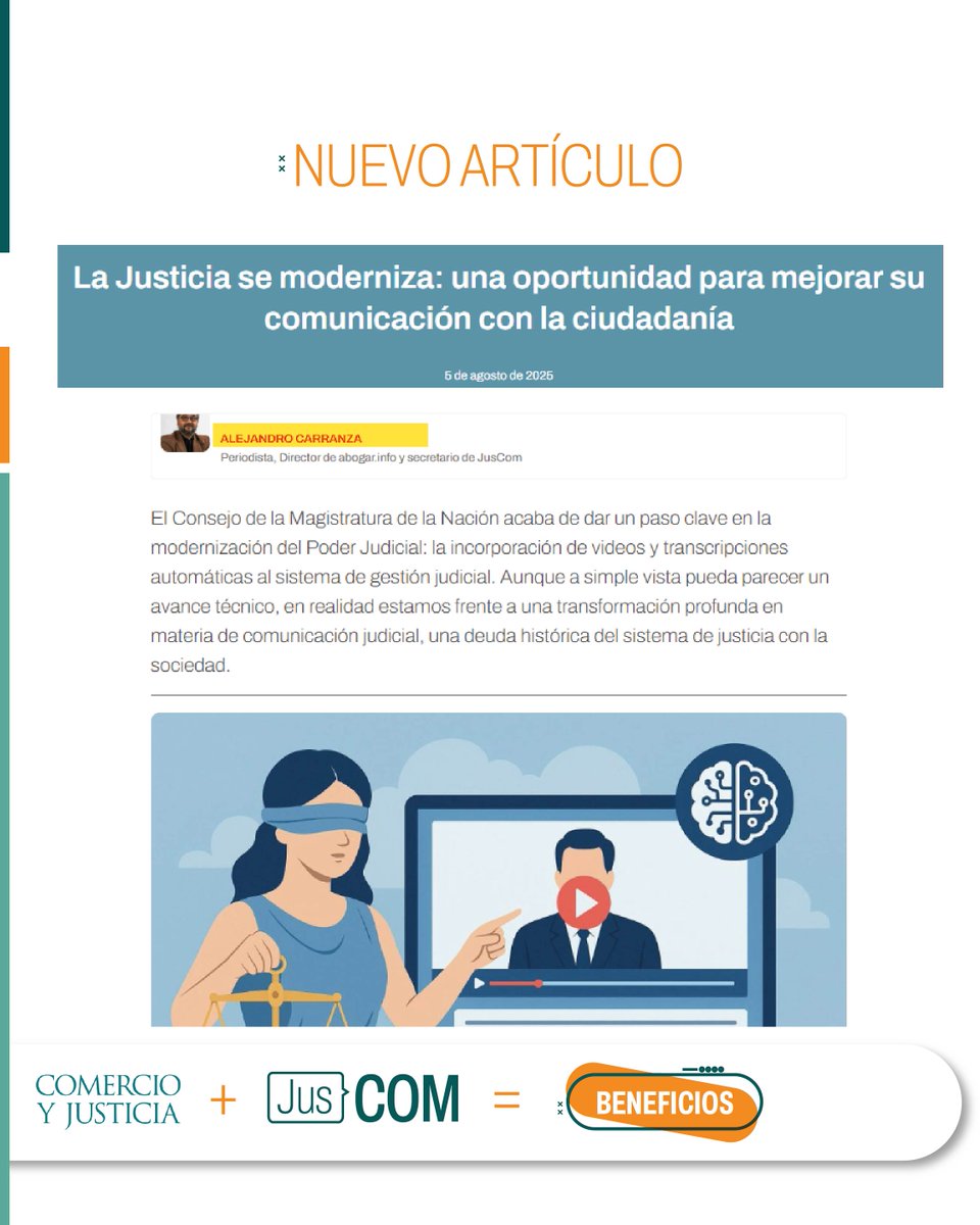 juscom_org's tweet photo. ¡Hola Juscomers! Contamos con un nuevo artículo escrito por @alejandrofcarranza
Te invitamos a leer: "La Justicia se moderniza..."
👉 Mirá el artículo completo subido en nuestra web: https://t.co/X4YCbg3eDj

#BENEFICIOSJUSCOM https://t.co/IIdq3qEyM2