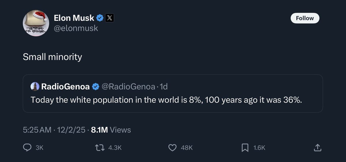 Elon Musk bought Twitter to psyop the world into being more racist—by ensuring a racist would win the White House.

My “For You” feed is full of posts like this. He is psychotically, obsessively racist. It’s his inner mission in life to be the savior of white people.