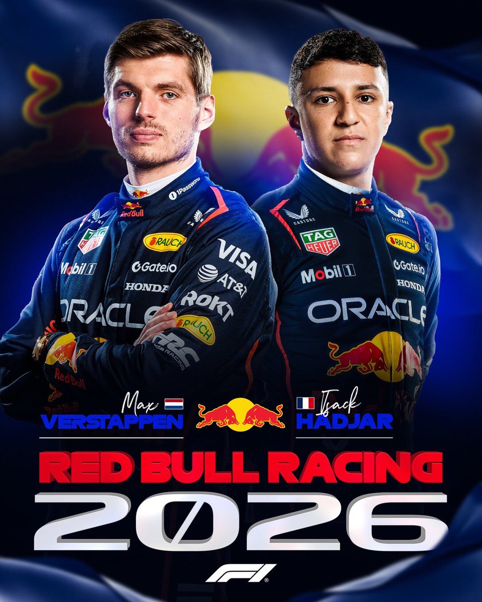 F1Tornello's tweet photo. #F1 Se completó la alineación de pilotos para 2026. Red Bull acaba de anunciar que Isack Hadjar será el compañero de Max Verstappen y que Liam Lawson y Arvid Lindblad serán los titulares en Racing Bulls. Yuki Tsunoda quedará como piloto de reserva 🏁 https://t.co/68e4JCpzlL