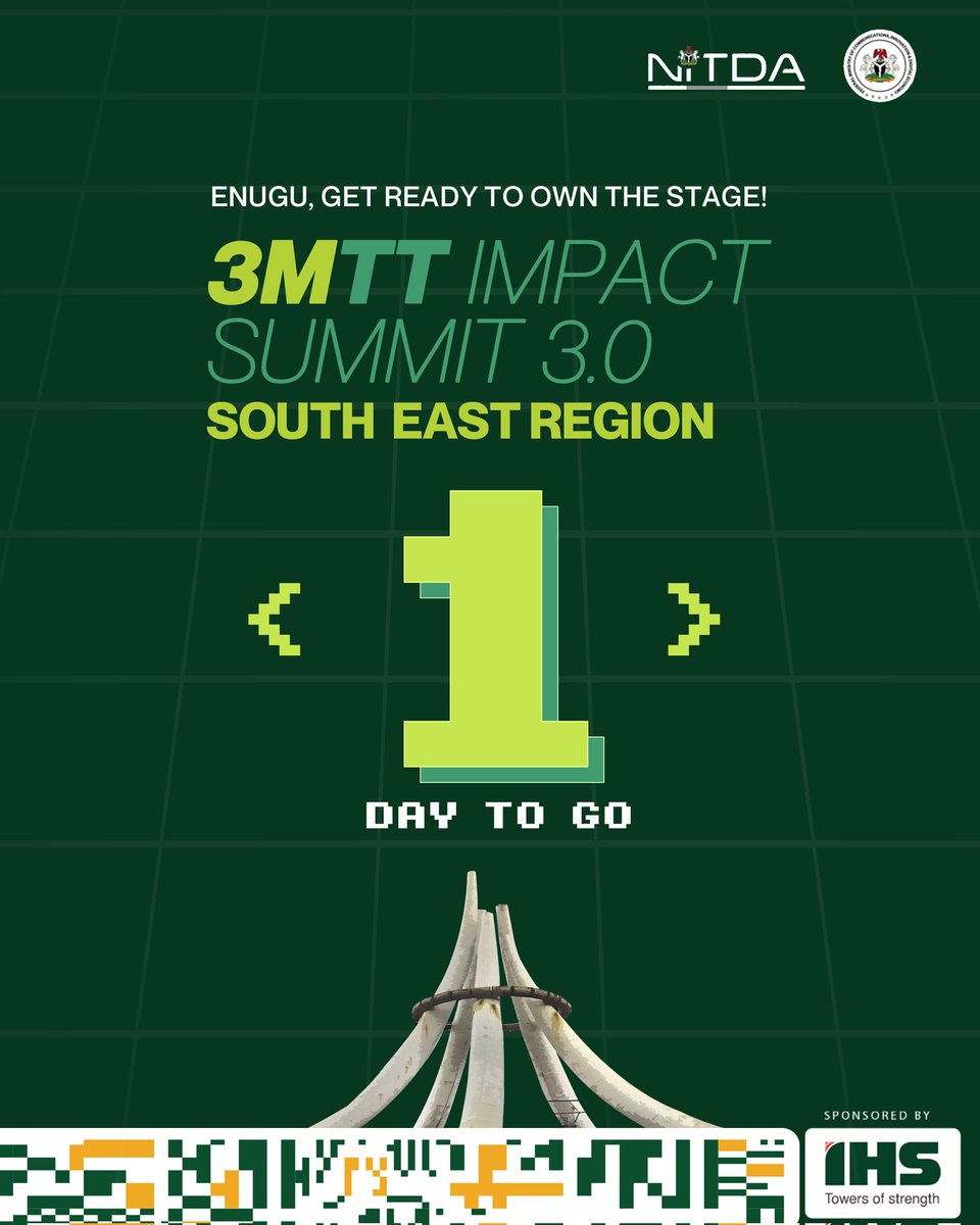 Enugu, it’s almost time!

The 3MTT Impact Summit 3.0.
South East Region kicks off tomorrow, and the stage is set for bold ideas, real solutions, and unstoppable talent. 1 day to go. Let’s make it unforgettable. 

#3MTTImpactSummit3 #SouthEast