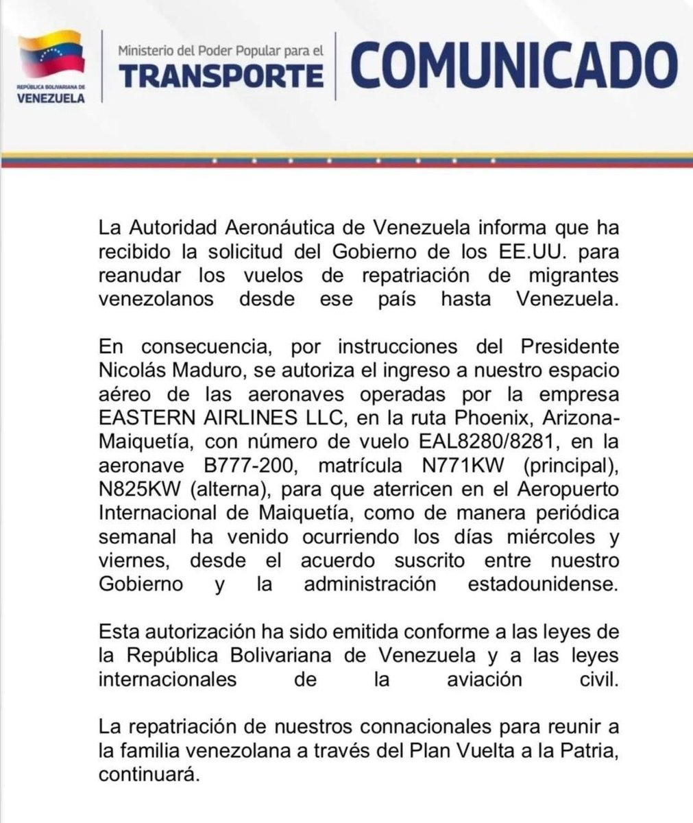 Elfresooficial's tweet photo. 🚨BUENAS NOTICIAS 🇻🇪

EEUU solicitó renovar los vuelos de repatriación de migrantes Venezolanos y pues obvio el presidente Nicolás Maduro pensando en el bienestar de esas personas que se encuentran separadas de sus familias aprobó tal solicitud.
La unión de las familias es la prioridad para nuestro gobierno.
#VenezuelaSigueEnPaz

https://t.co/ii6Y6lu70A
