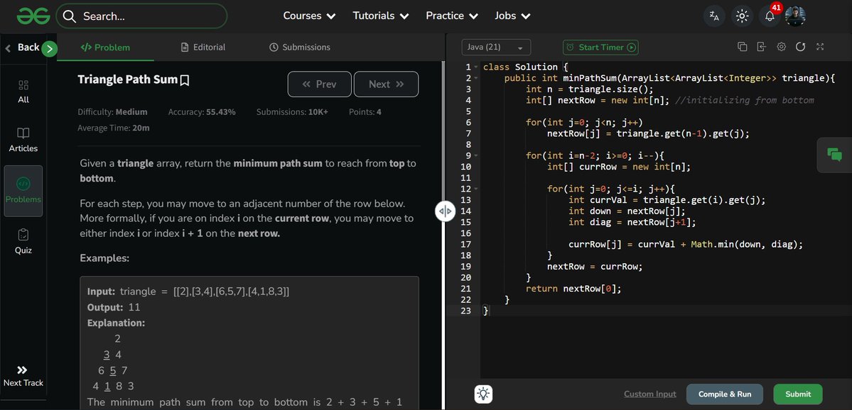 amanhaidry's tweet image. 🗓️Day-132/365 | #365DaysOfCode 💻| @geeksforgeeks

#DP in #DSA
✅Unique Path in a Grid
✅Geek&apos;s Training
✅Max Path Sum in Matrix
✅Triangle Path Sum

#nationskillup #365DaysOfDSA #geeksforgeeks #gfg #365DaysOfcoding #java #DataStructuresAndAlgorithms