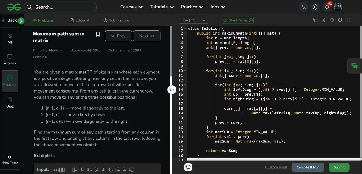 amanhaidry's tweet image. 🗓️Day-132/365 | #365DaysOfCode 💻| @geeksforgeeks

#DP in #DSA
✅Unique Path in a Grid
✅Geek&apos;s Training
✅Max Path Sum in Matrix
✅Triangle Path Sum

#nationskillup #365DaysOfDSA #geeksforgeeks #gfg #365DaysOfcoding #java #DataStructuresAndAlgorithms