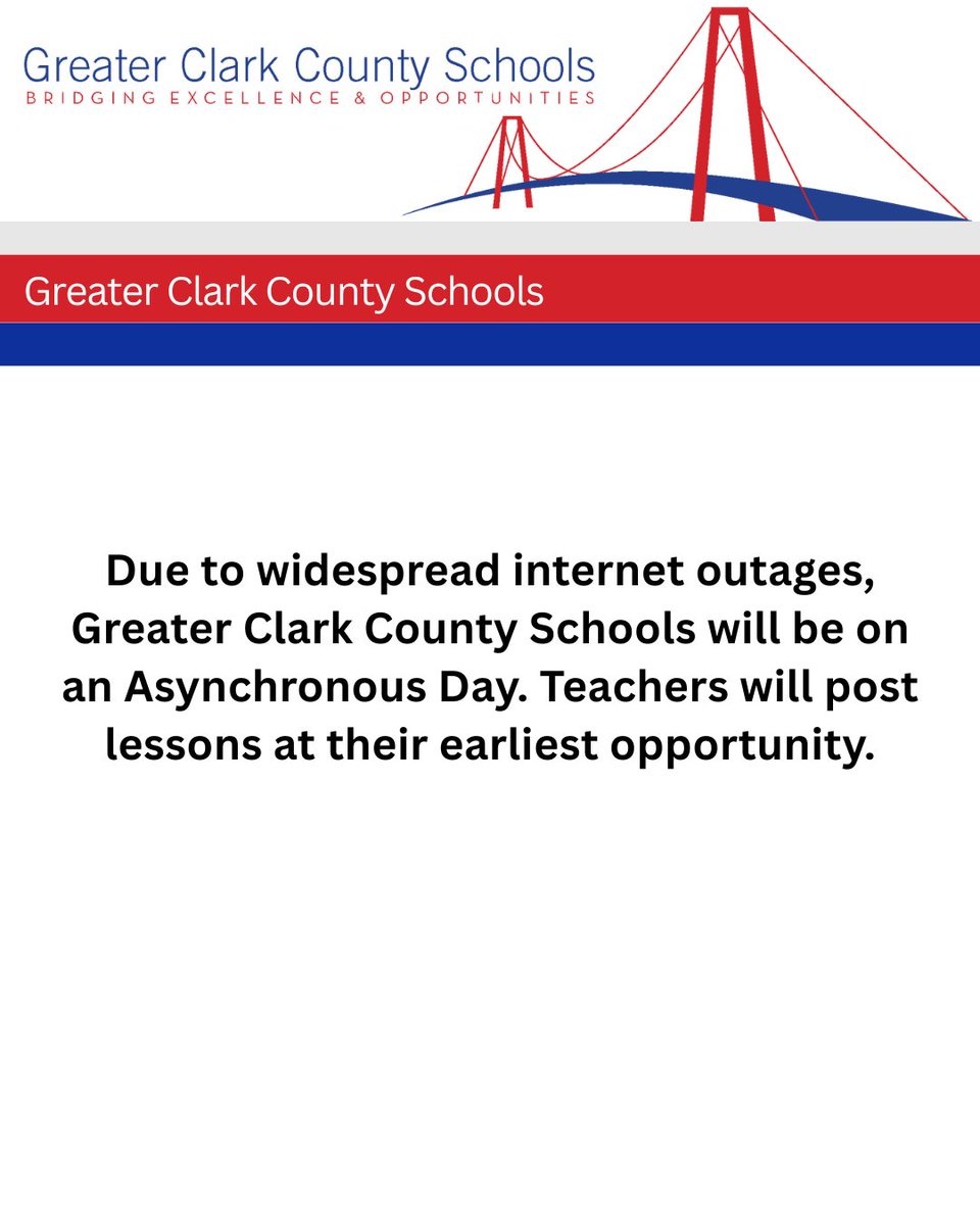GCCSchools's tweet image. 🚨 Notice: Due to widespread internet outages, today’s eLearning Day is now 𝗮𝘀𝘆𝗻𝗰𝗵𝗿𝗼𝗻𝗼𝘂𝘀.

❌ ALL buildings are CLOSED, events, &amp;amp; practices CANCELED
💻 Assignments on Google Classroom by 9 AM
✅ Attendance will be tracked via Google Form

Stay safe! #WeAreGreater