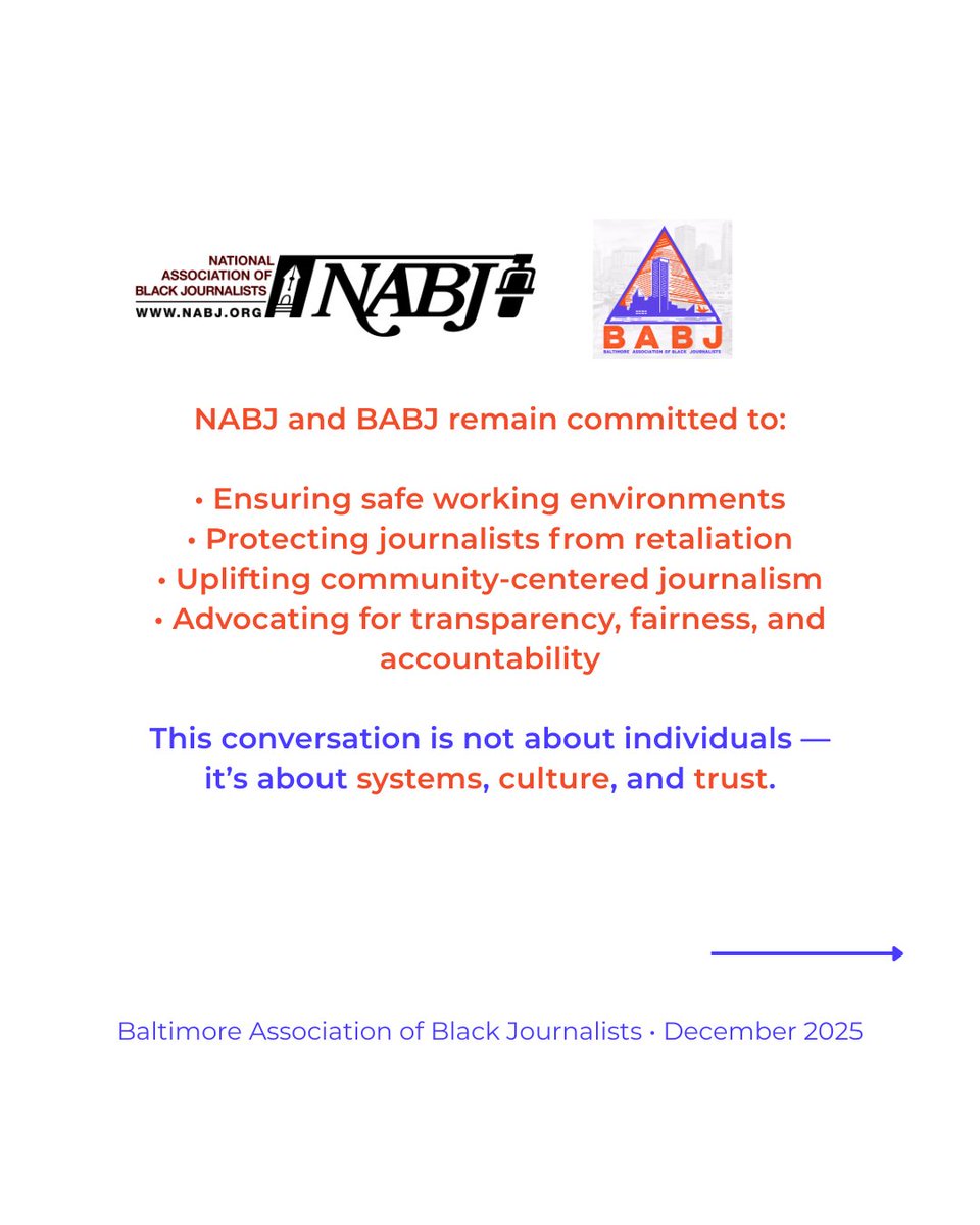 BABJ_md's tweet photo. UPDATE: This week, @wjz &amp; @CBSNews leadership will meet with @NABJ and @BABJ_md to address issues surrounding newsroom culture, communication, turnover, safety, accountability, and trust.

We look forward to a productive, honest dialogue.

#SilenceIsNotSafety #NABJ #BABJ https://t.co/CKLFOKI4M5