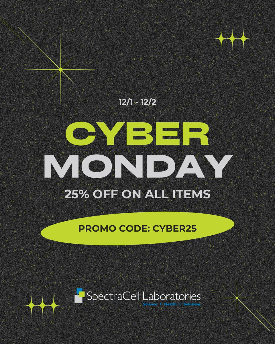 SpectraCellLab's tweet image. ⏳ Last Call! Cyber Monday Extended
We’re giving you one more day to get 25% OFF everything.
Use code CYBER25 before the offer ends tonight.
#CyberMonday #ExtendedSale #HealthTesting #Wellness #Spectracell