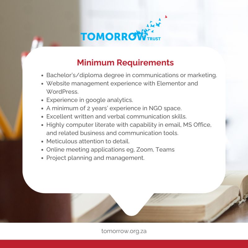 RMakukuli's tweet photo. The Tomorrow Trust is Hiring! 

✅ Communications & Marketing Lead

This role is perfect for a passionate communicator who wants to amplify impact, strengthen brand presence, and lead meaningful storytelling. The successful candidate will drive strategic communication, digital content, stakeholder engagement, and event coordination for the organisation.

Key Performance Areas:
• Implement and refine communication strategies
• Coordinate events and campaigns
• Liaise with internal teams & external partners
• Ensure brand consistency across all platforms
• Lead digital communication & content creation
• Manage media & donor relations
• Support internal communications
• Track & report on communication impact
• Create and update marketing materials
• Manage communication interns

📩 How to Apply:
Send your CV + 1-page cover letter to info@tomorrow.org.za

📝 Subject Line: Communications & Marketing Lead
🗓 Closing Date: 11 December 2025

🔁 Share this post — someone may be searching for this opportunity!
📲 Follow Aramide Careers SA for daily verified job updates across South Africa 🇿🇦