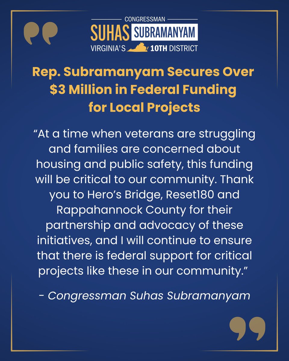 RepSuhas's tweet image. I secured millions in funding for Hero’s Bridge Village project, Reset 180’s dedicated shelter for victims of human trafficking, and an upgraded courthouse for Rappahannock county.