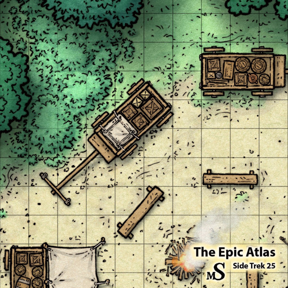 schley's tweet image. Keep your guard up this Advent’uring season. Stay awake &amp;amp; don’t let this idyllic campsite fool you. Bandits love to strike when they’re least expected! Side Trek 25 is out today from #TheEpicAtlas so dust off your Boots of Striding &amp;amp; let’s get exploring! #DnD #RPG #fantasymap