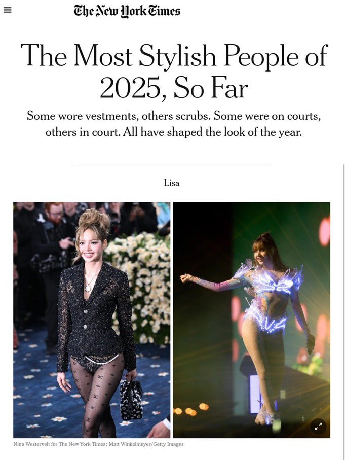 The New York Times, America’s largest and most influential newspaper, has named #LISA one of the Most Stylish people of 2025! 👏💃🔝✨2⃣0⃣2⃣5⃣🔥👑🖤🩷 

<a href="/wearelloud/">LLOUD</a> 
<a href="/BLACKPINK/">BLACKPINKOFFICIAL</a>