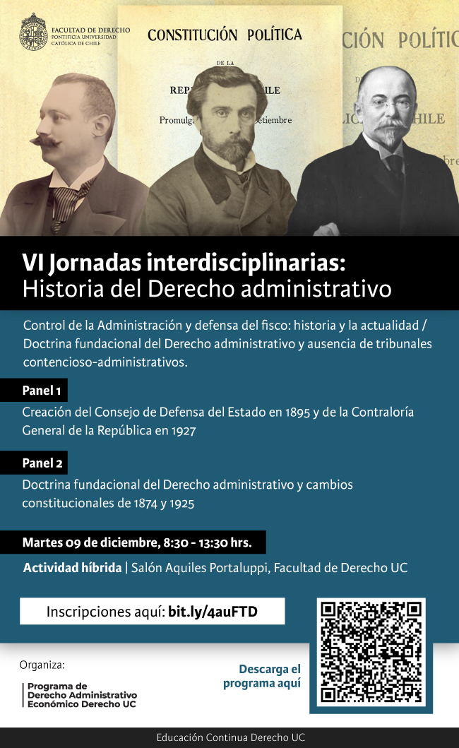 📨 Los invitamos cordialmente a participar de las
📣 VI Jornadas interdisciplinarias: Historia del Derecho administrativo.

📅 Martes 09 de diciembre de 2025
🕤 08:30–13:00 h
 📍 Salón Aquiles Portaluppi, Facultad de Derecho UC 

Inscripciones gratuitas: lnkd.in/d9pvHTrA
