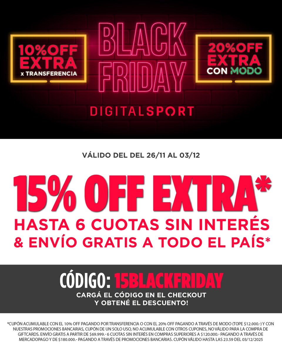 📢¡Llegó Black Friday a Digital Sport!📢
Aprovechá 15% OFF en seleccionados usando el código 15BLACKFRIDAY.
Y además 20% OFF extra comprando con MODO y 10% OFF extra pagando por transferencia. 

tinyurl.com/5e2mhmx3 
 6 cuotas sin interés y envío gratis a todo el país.🚛
