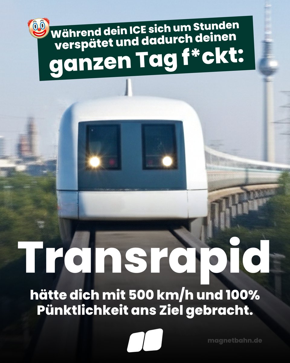 MagnetBahn's tweet photo. 🚝🇩🇪 Der Transrapid ist seit 1991 einsatzreif - Made in Germany. Wir hätten seit über 30 Jahren mit 500 km/h, eigener störungsfreier Infrastruktur und nahezu perfekter Pünktlichkeit reisen können. Eine Technologie, die Deutschland entlastet, verbindet und (was Infrastruktur angeht) an die Weltspitze katapultiert hätte.

Doch diese Zukunft wurde politisch ruiniert: Ideologie, Lobbyinteressen und Mutlosigkeit haben verhindert, dass der Transrapid jemals großflächig gebaut wurde. Während wir Hightech billig ins Ausland verschenken, fährt Deutschland selbst weiter im Schneckentempo. Und das, obwohl der Transrapid pro Kilometer gleich viel kostet, wie ICE-Strecken.

🤡 Das Ergebnis sehen wir heute täglich: Die Bahn hat im Fernverkehr nur noch rund 50 % Pünktlichkeit, ein Armutszeugnis für ein Industrieland wie Deutschland.

Zeit, endlich das nachzuholen, was seit Jahrzehnten blockiert wird: Transrapid bauen. Zukunft ermöglichen.