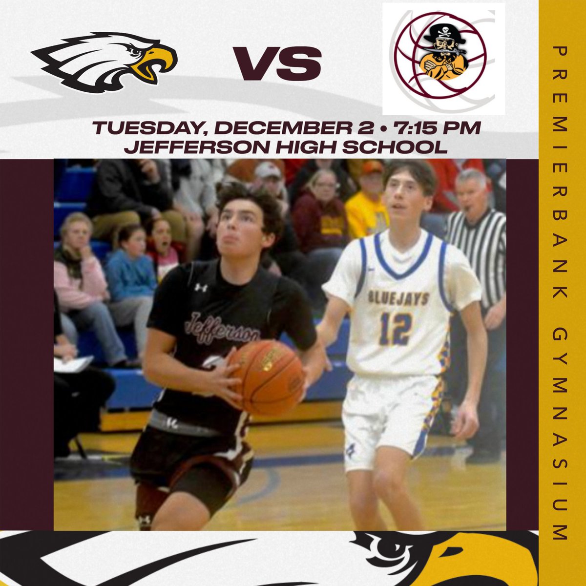GoJHSEagles's tweet photo. Jefferson Boy's Basketball hosts Waterloo tonight in PremierBank Gymnasium for the home opener.  JV1/JV2 play at 5:40 and varsity at 7 pm.  Good luck boys!

Livestream- https://t.co/II13YB23U0

@gojhseagles
@eaglepride https://t.co/qWWWh6cCPu