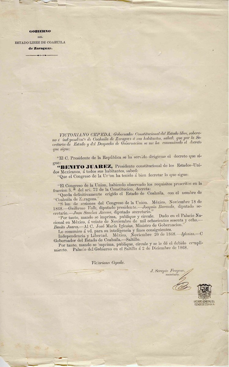 MuseoPresidente's tweet photo. #UnDiaComoHoy de 1868 en #Saltillo, en ceremonia que encabeza el Gobernador Victoriano Cepeda Camacho, se proclama por bando la disposición del Congreso de la Unión que separa al Estado de #Coahuila de Nuevo León, erigiéndolo con el nombre de “Coahuila de Zaragoza”. https://t.co/46PAqw5a8r